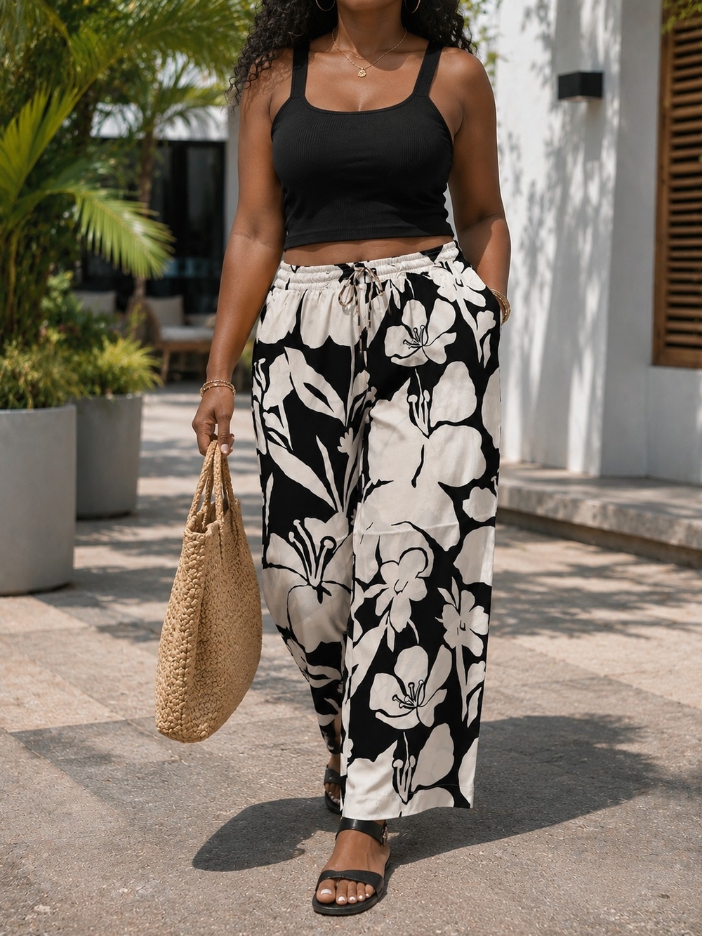 (NWT) Eliane Rose | Floral Palazzo Pants – Black & White – Women's XL